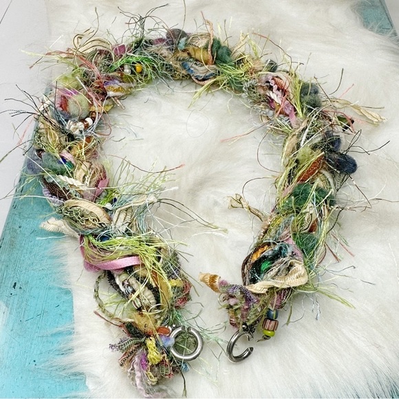 Green Pink Woven Fiber Beaded Necklace Textile Fiber Art Seed Beads Statement - Picture 12 of 12